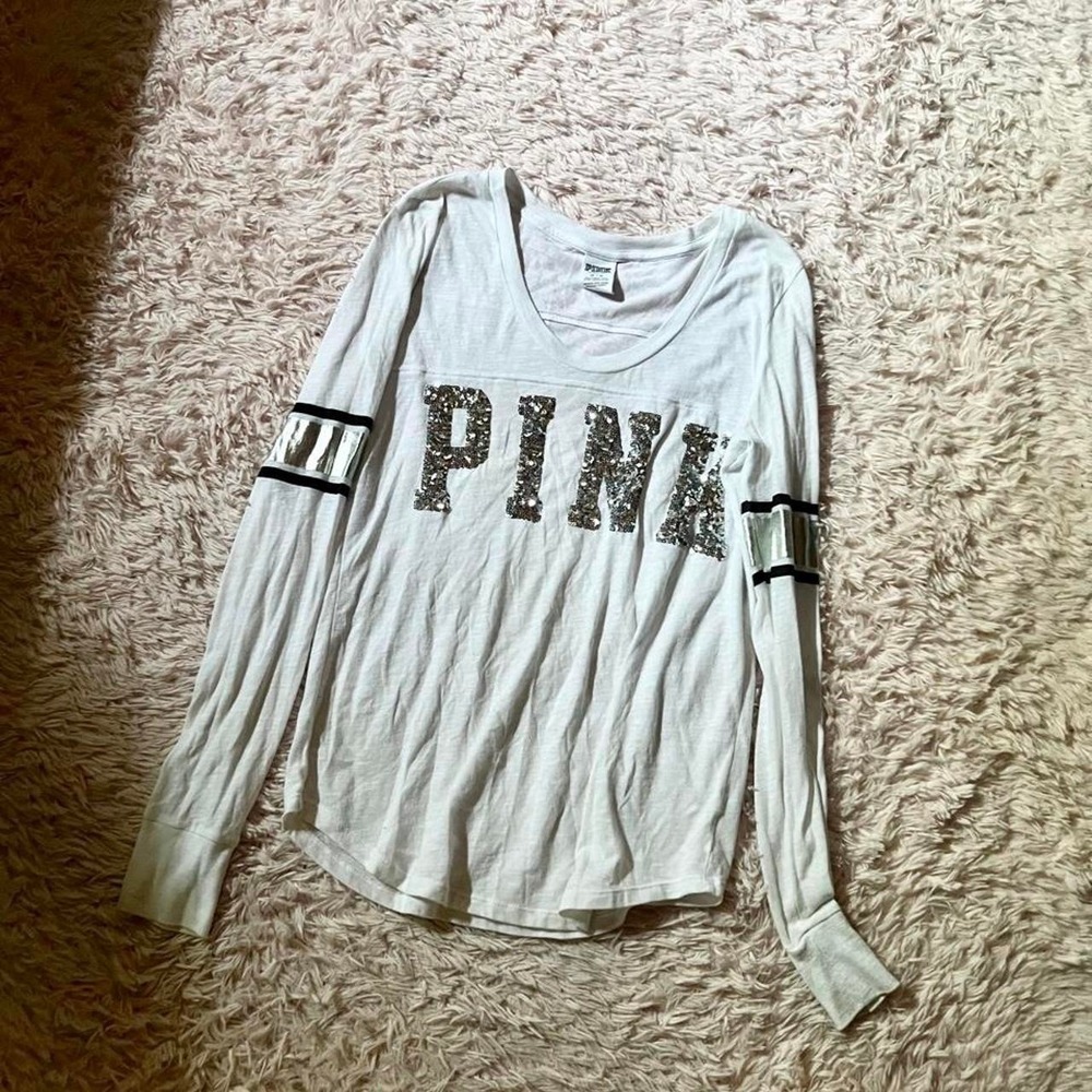 Victoria's Secret PINK Varsity Campus Spirit Jersey Sequin‎ Top Womens M Sporty
